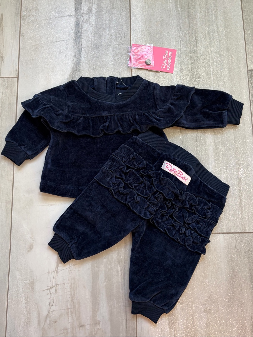 NWT RuffleButts Cozy Navy Velour Ruffled Long Sleeve Jogger Set Girls 0-3M